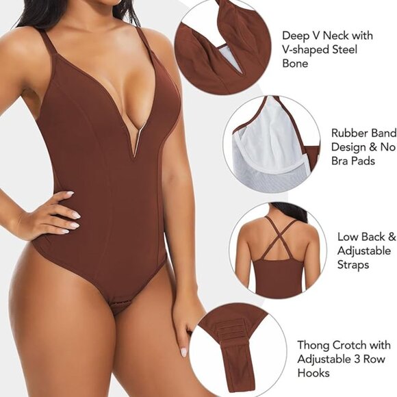 SHAPERIN Women's Deep V Neck Bodysuit - Picture 1 of 5
